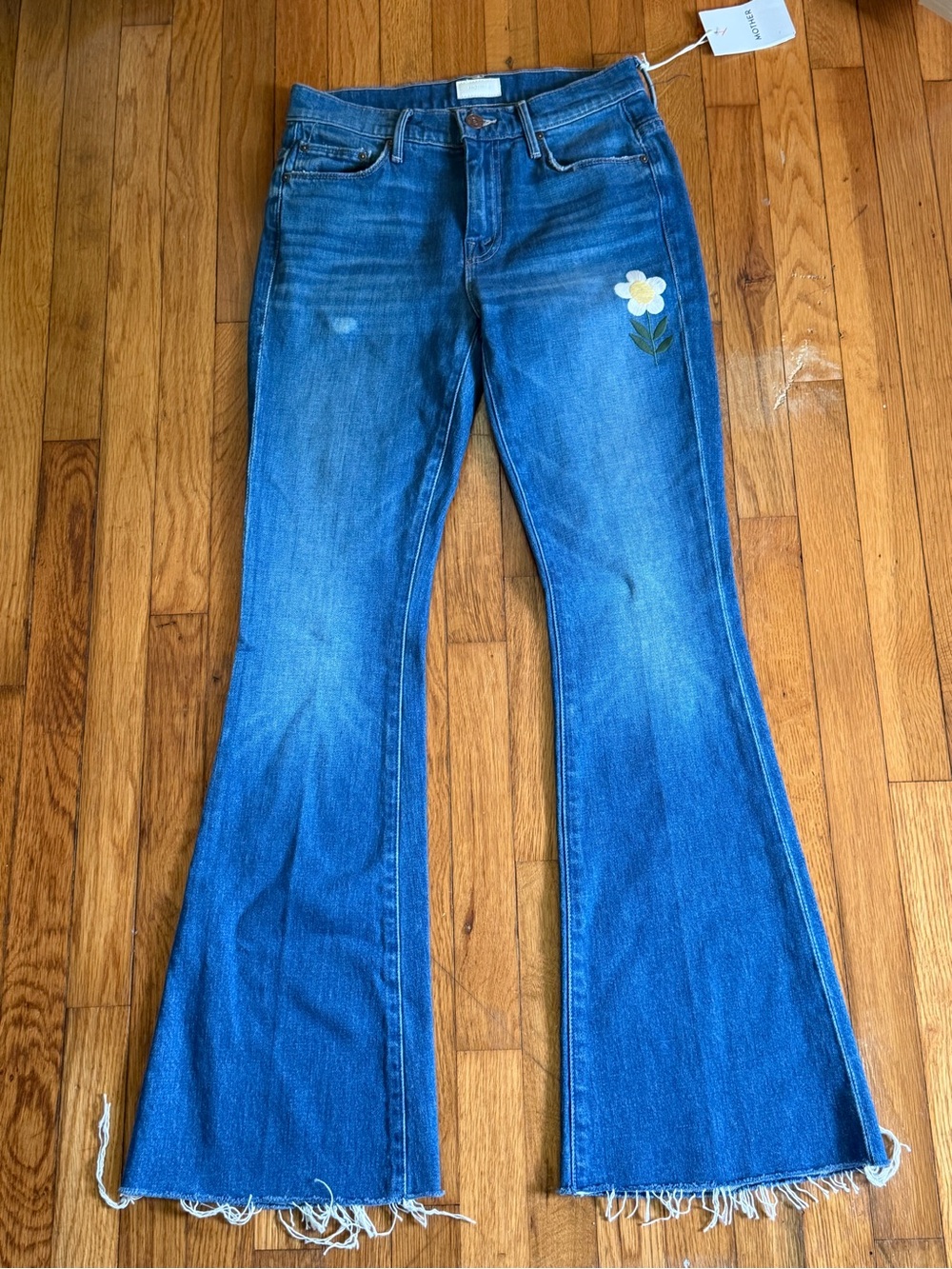 MOTHER Blue Bootcut Jeans with Daisy Patch
